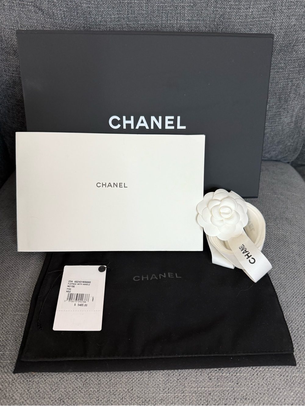 CHANEL BOX,dust bag,ribbon,camellia flower and booklet